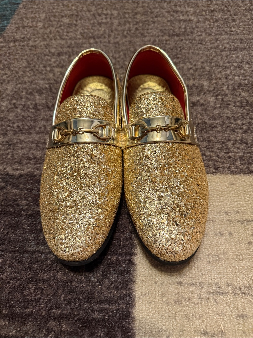 Men's Gold Glitter Slip-On Loafers with Metallic Bit